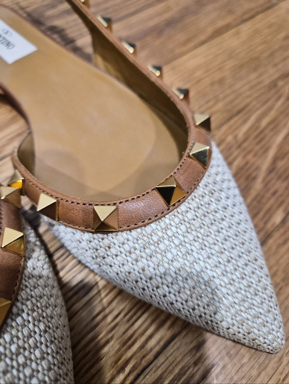Valentino Garavani Rockstud Raffia Slingback Flats Nude Tan Leather NIB Sz 36 - Picture 12 of 16